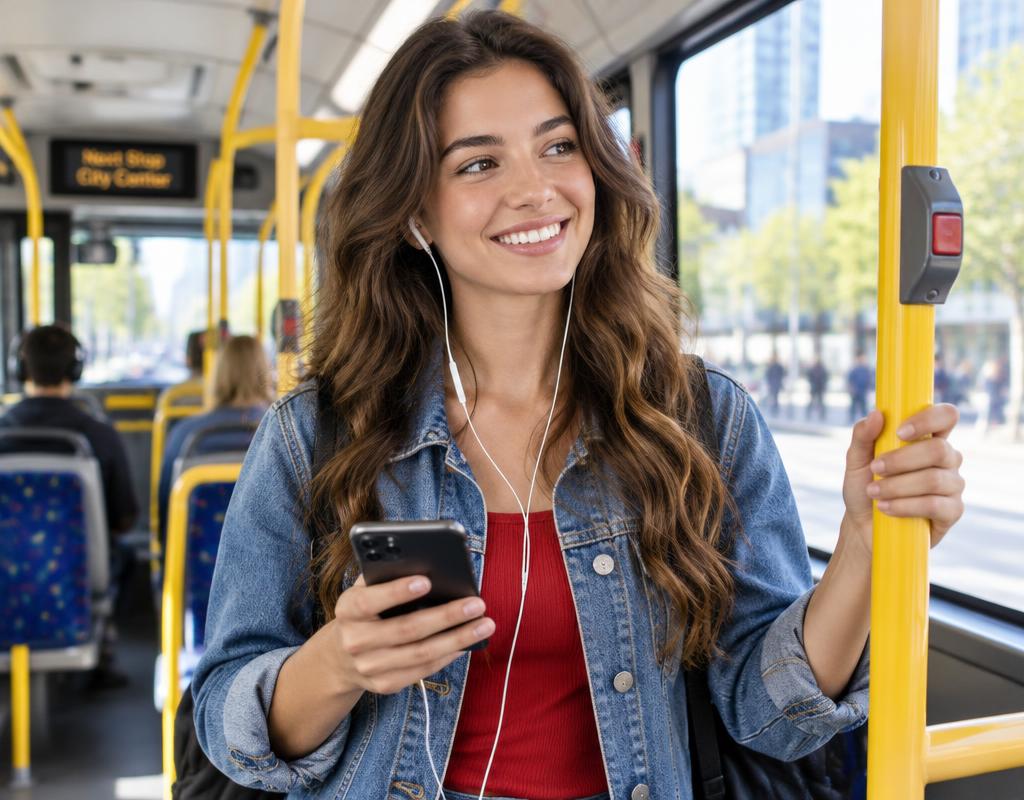 Woman banking on the bus